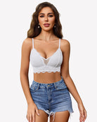 White lace wireless V-neck bralette, unpadded mesh with scalloped lace trim