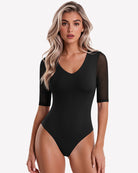 Black deep V-neck mesh bodysuit with elbow sleeves and seamless thong cut