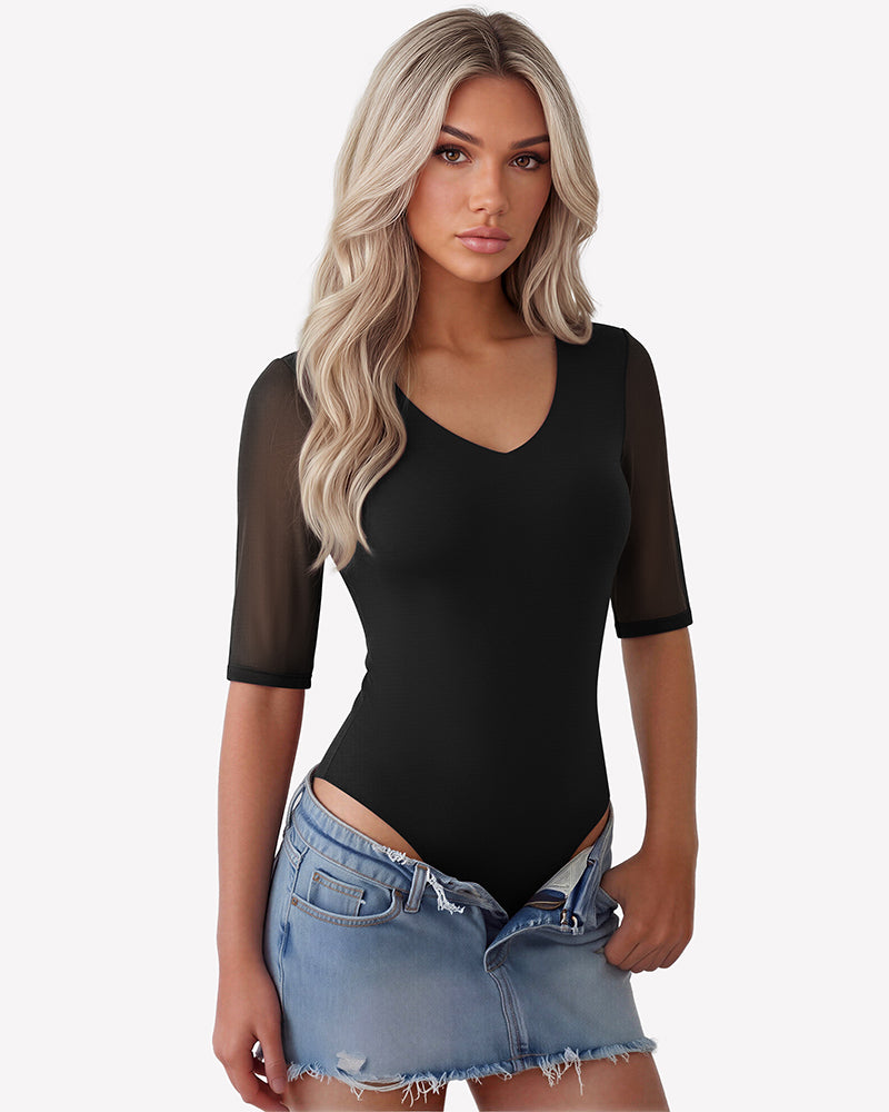 Black deep V-neck mesh thong bodysuit with elbow sleeves and seamless fit