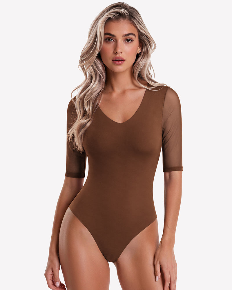 Brown deep V-neck mesh bodysuit with elbow sleeves and seamless thong cut