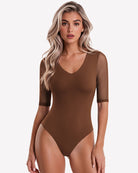 Brown deep V-neck mesh bodysuit with elbow sleeves and seamless thong cut