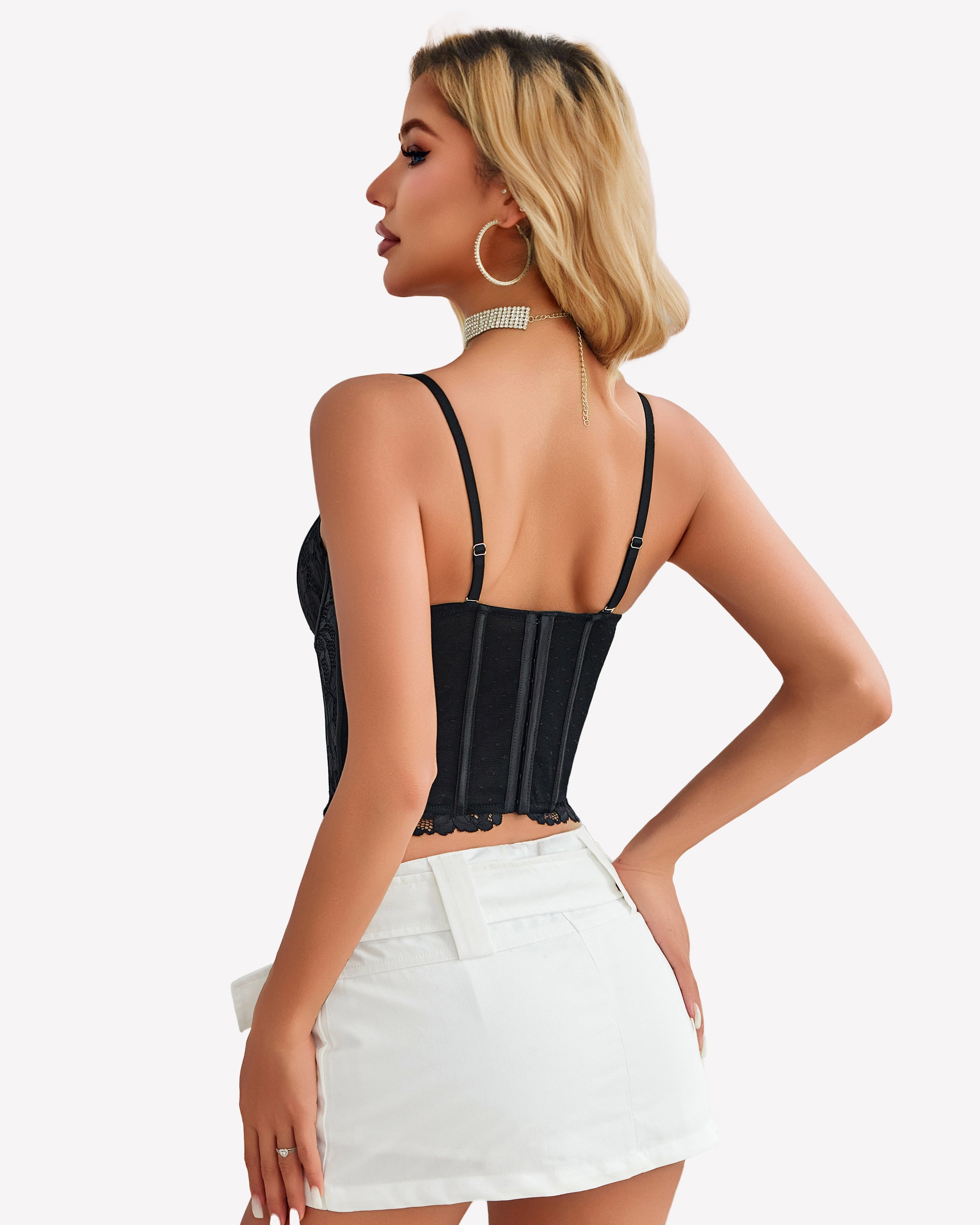 Black lace corset bustier crop top, open-back style with lace scallop edging