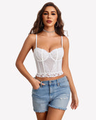 White lace corset bustier crop top with underwire cups and scalloped hem