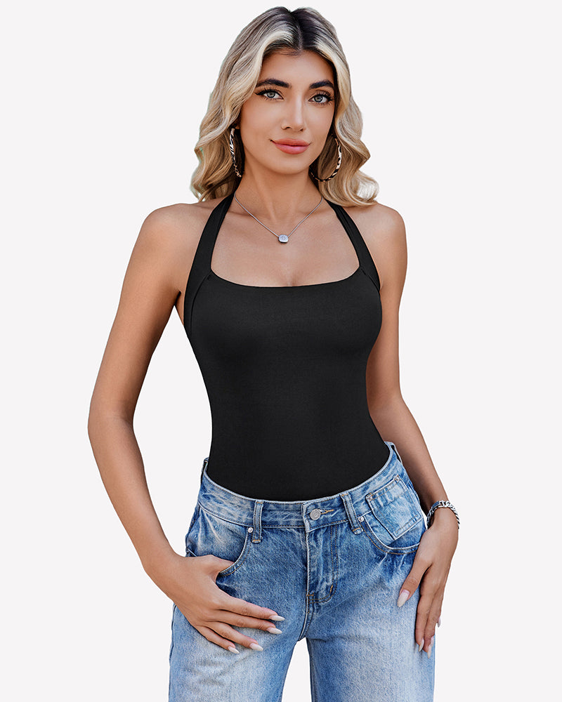 Black square-neck halter thong bodysuit, fitted one-piece