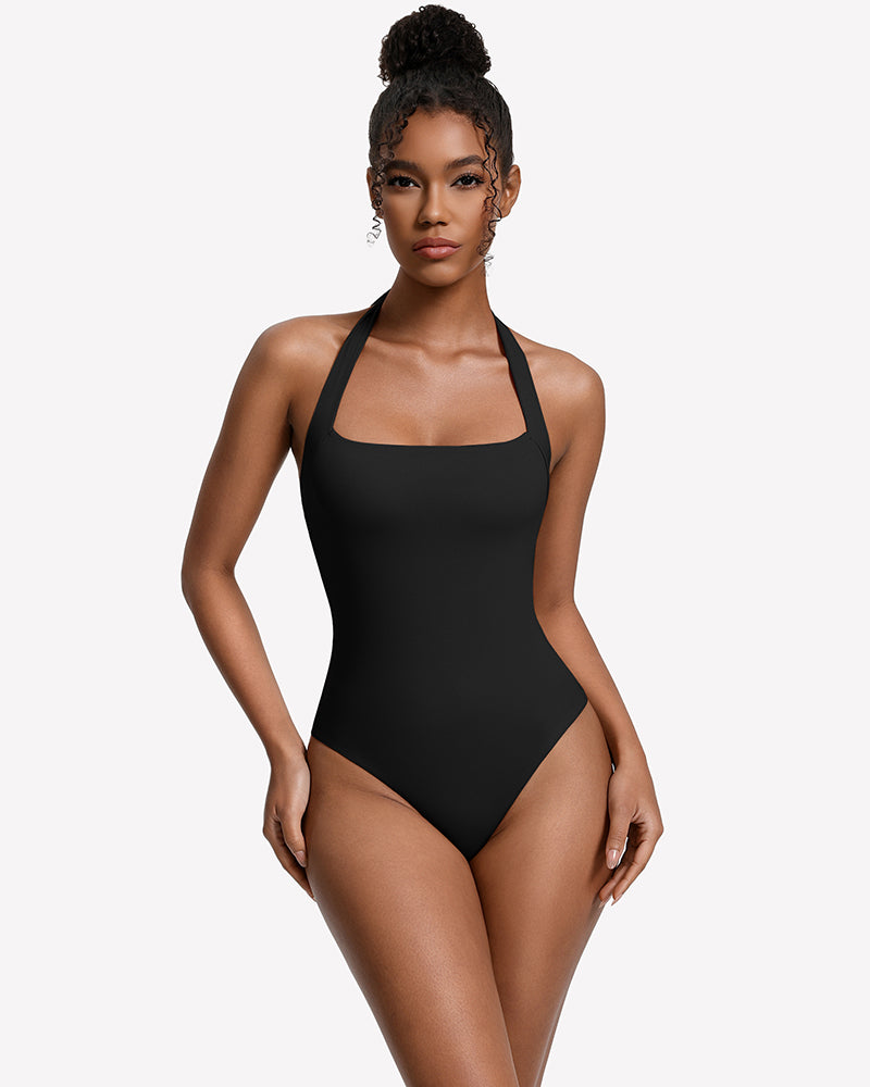Black square-neck halter thong bodysuit with simple halter straps, fitted one-piece
