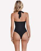 Black square-neck halter thong bodysuit with tied back strap, fitted one-piece