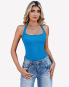 Blue square-neck halter thong bodysuit, fitted one-piece