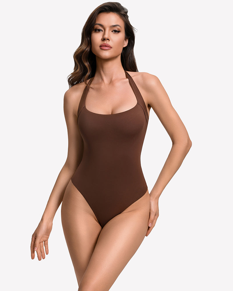Brown square-neck halter thong bodysuit, fitted one-piece