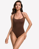 Brown square-neck halter thong bodysuit, fitted one-piece