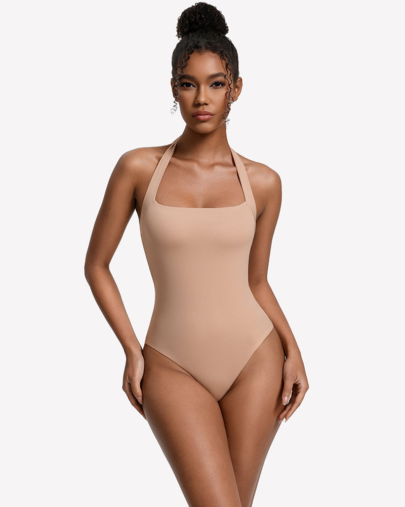 Double-lined square-neck halter bodysuit, beige, thong cut