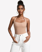 Double-lined square-neck halter bodysuit, nude-beige, thong cut