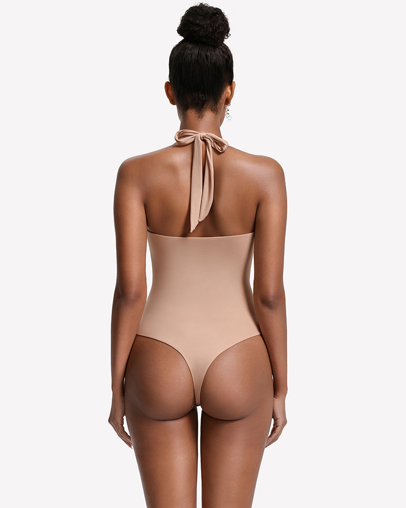 Double-lined square-neck halter bodysuit, nude-beige, back tie thong cut