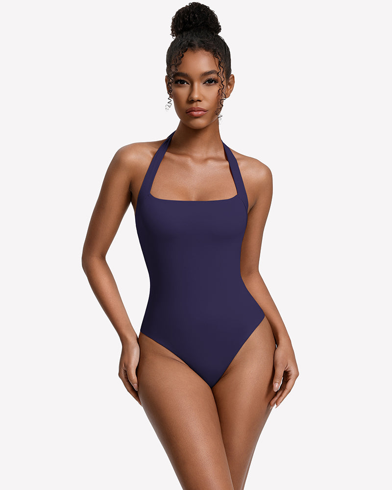 Double-lined square-neck halter bodysuit, navy blue, thong cut