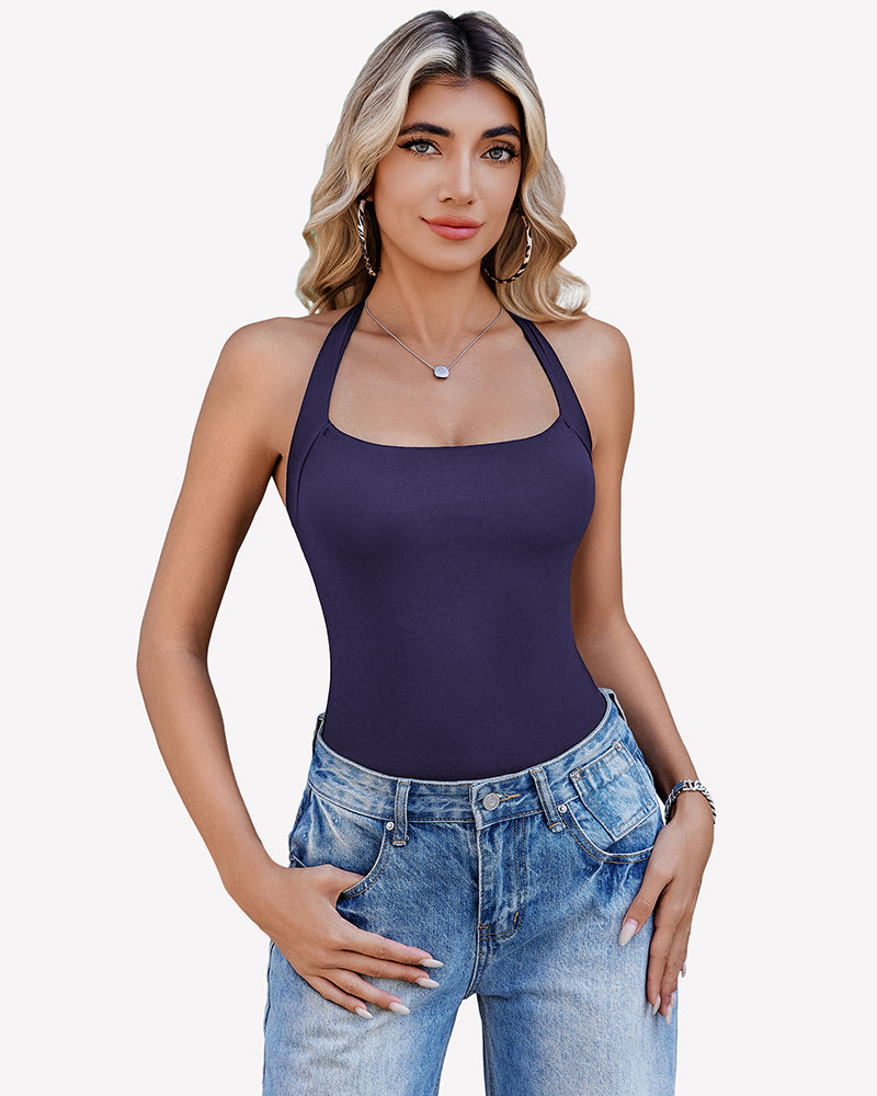 Double-lined square-neck halter bodysuit, navy blue, thong cut