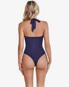 Double-lined square-neck halter bodysuit, navy blue, back tie thong cut
