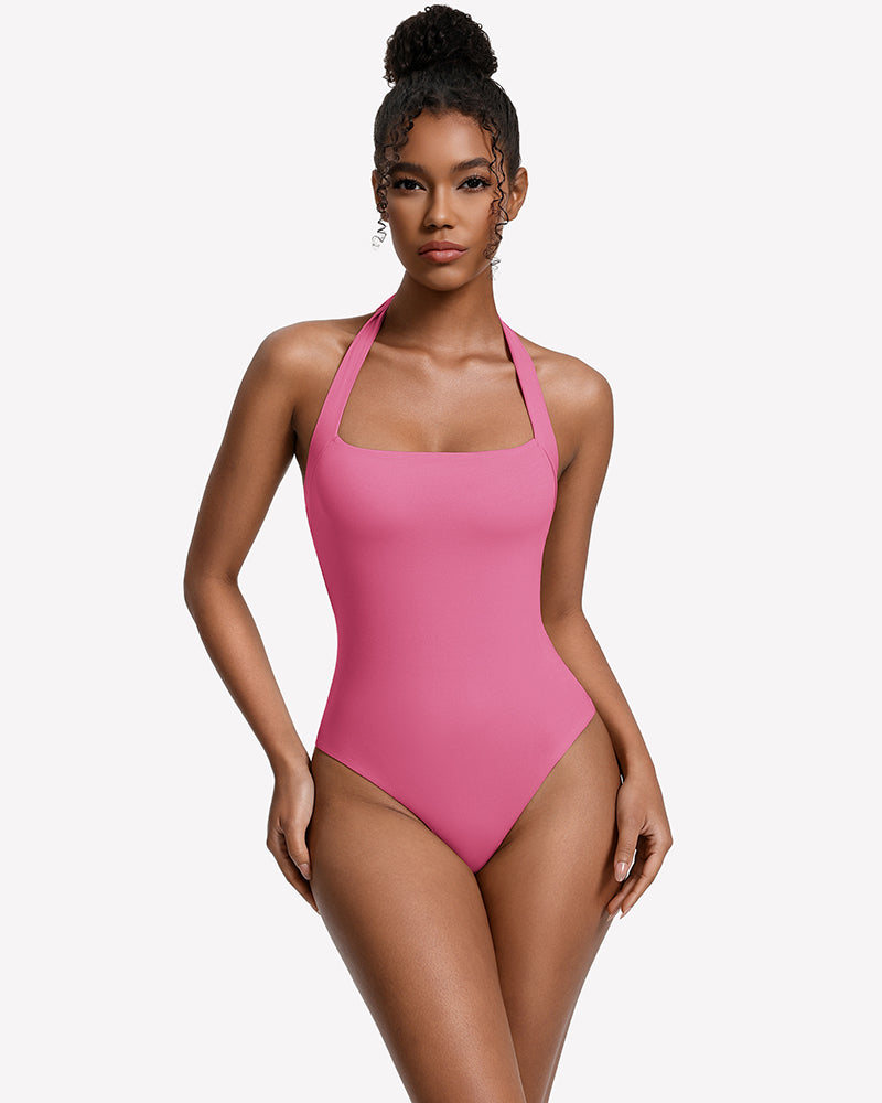 Double-lined square-neck halter bodysuit, pink, thong cut
