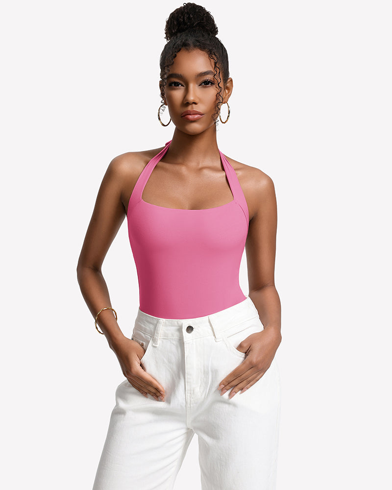 Double-lined square-neck halter bodysuit, pink, thong cut
