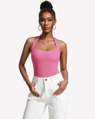 Double-lined square-neck halter bodysuit, pink, thong cut