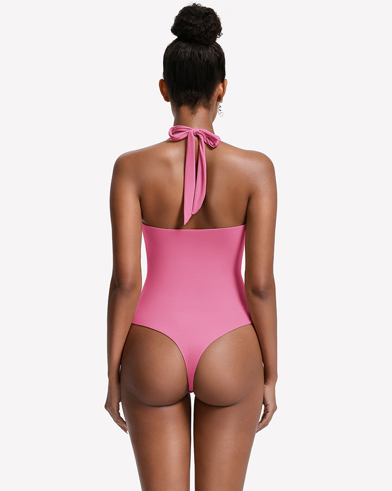 Double-lined square-neck halter bodysuit, pink, back tie thong cut