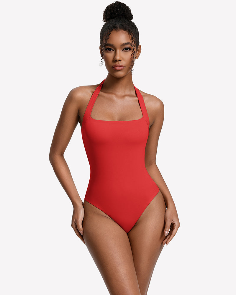 Red square-neck halter thong bodysuit, fitted one-piece