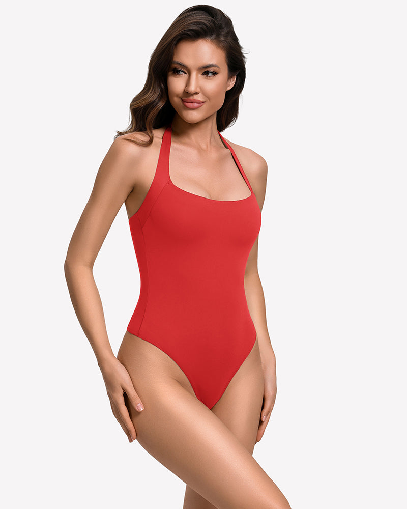 Red square-neck halter thong bodysuit, sleeveless square neckline