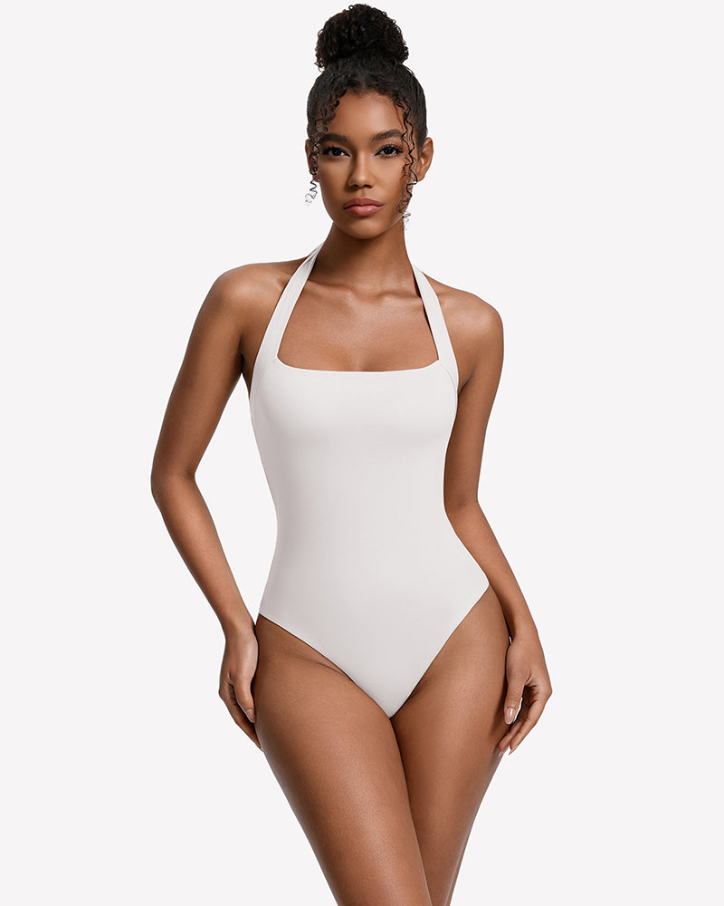 White square-neck halter thong bodysuit, smooth fitted one-piece