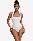 White square-neck halter thong bodysuit, smooth fitted one-piece