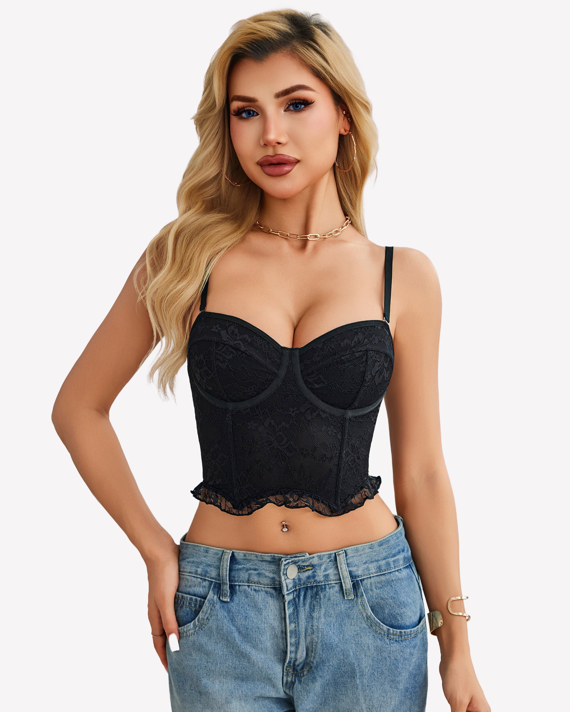 Black lace underwire bustier corset top with adjustable thin straps