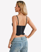 Black lace underwire bustier corset top, open-back style with thin straps