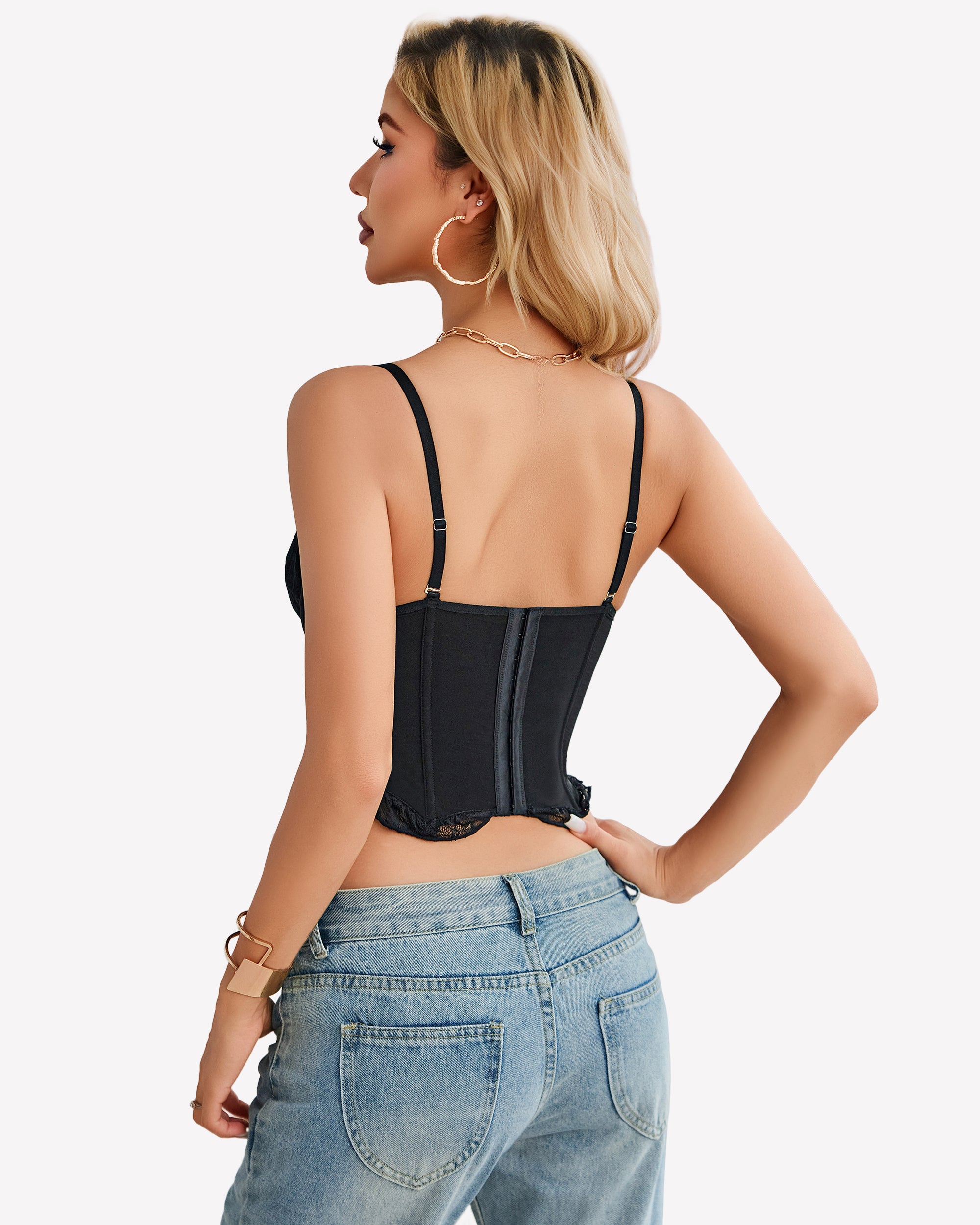 Black lace underwire bustier corset top, open-back style with thin straps