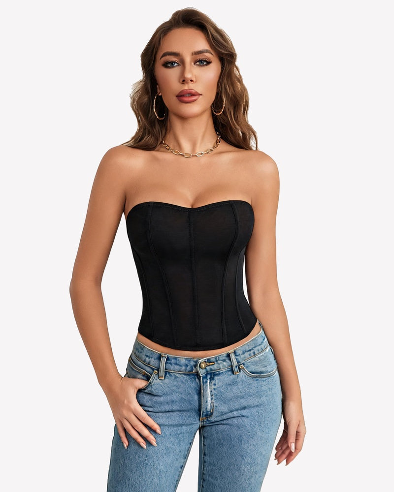 Black strapless corset top with boned structure and back tie
