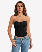 Black strapless corset top with boned structure and back tie