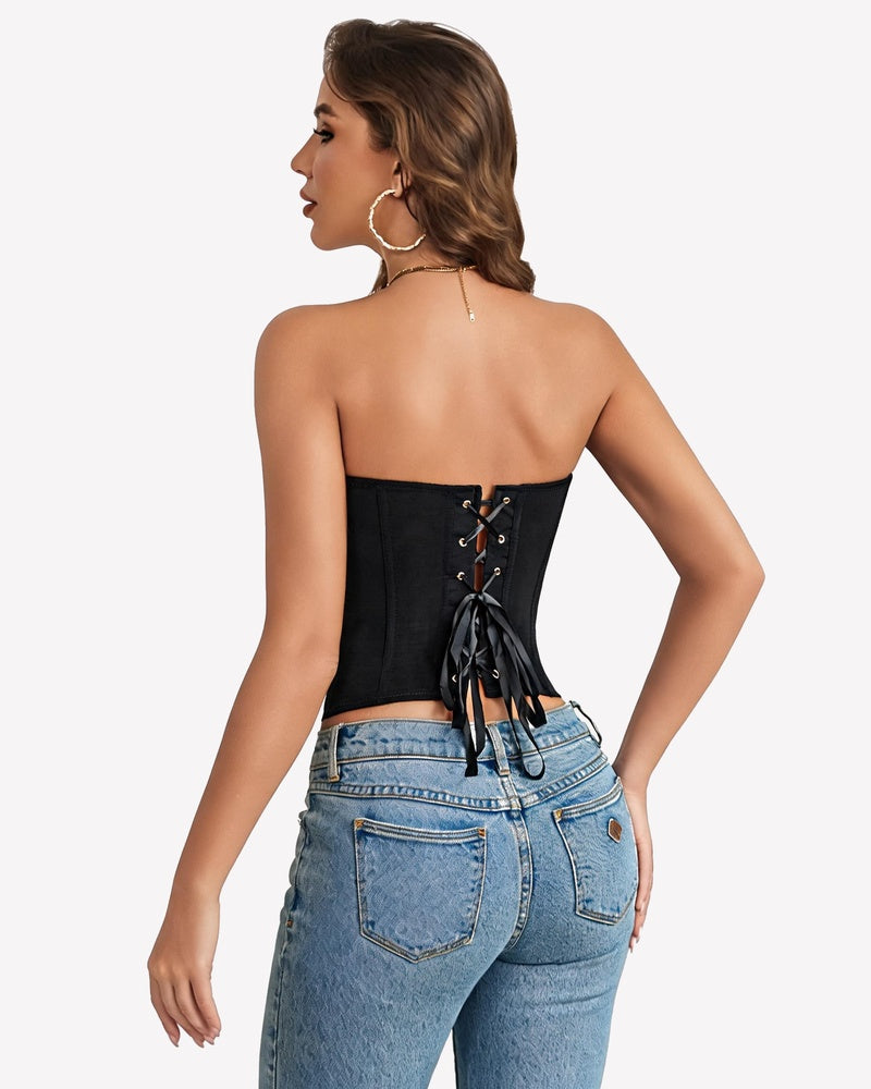 Black strapless corset top with lace-up back tie detail