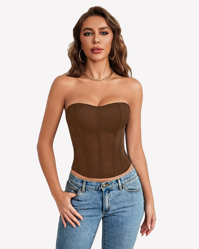 Brown strapless corset top with boned bustier and fitted seams