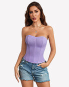Light purple strapless corset top with boned structure and contoured fit