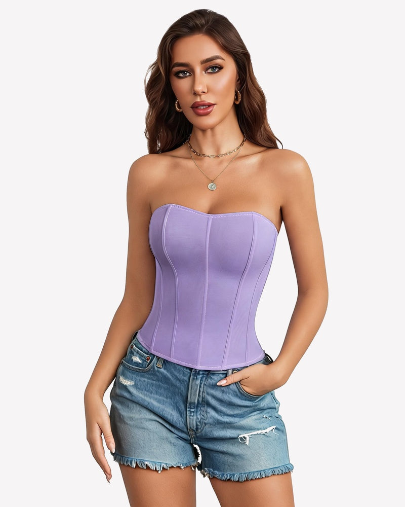 Light purple strapless corset top with boned structure and contoured fit