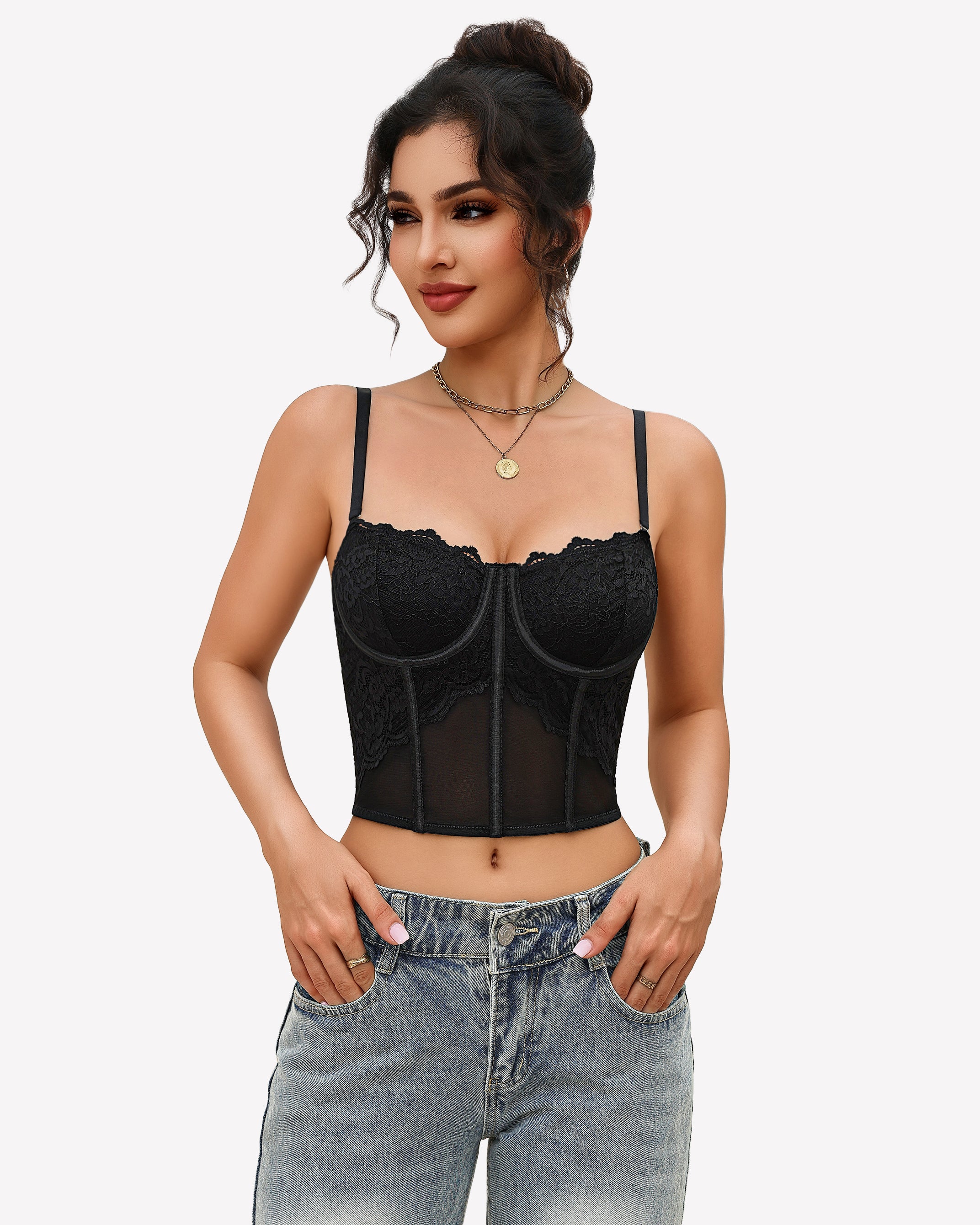Black lace bustier corset crop top with underwire cups and spaghetti straps
