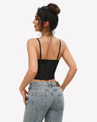 Black lace bustier corset crop top with underwire cups, open back, thin straps