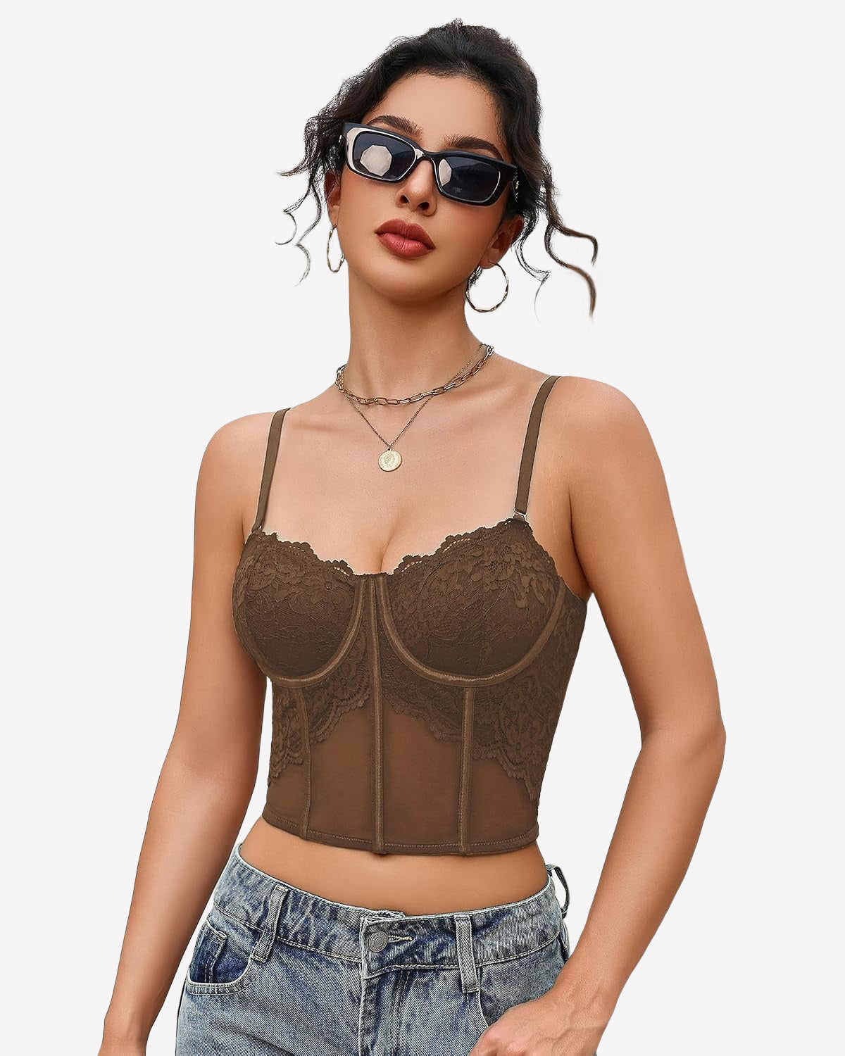 Brown lace bustier corset crop top with underwire cups and spaghetti straps