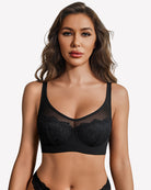 Black sheer mesh underwire bra with full-coverage lace cups and scalloped trim