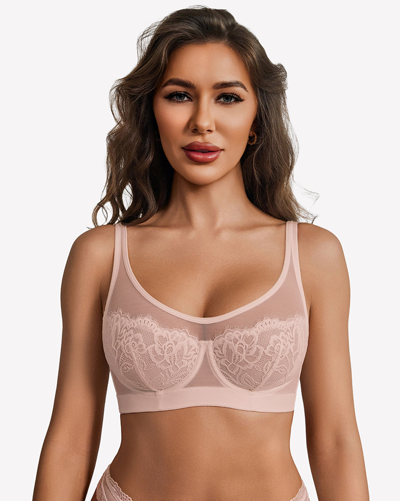 Champagne sheer lace underwire bra with full-coverage unlined cups and scalloped edges