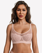Champagne sheer lace underwire bra with full-coverage unlined cups and scalloped edges