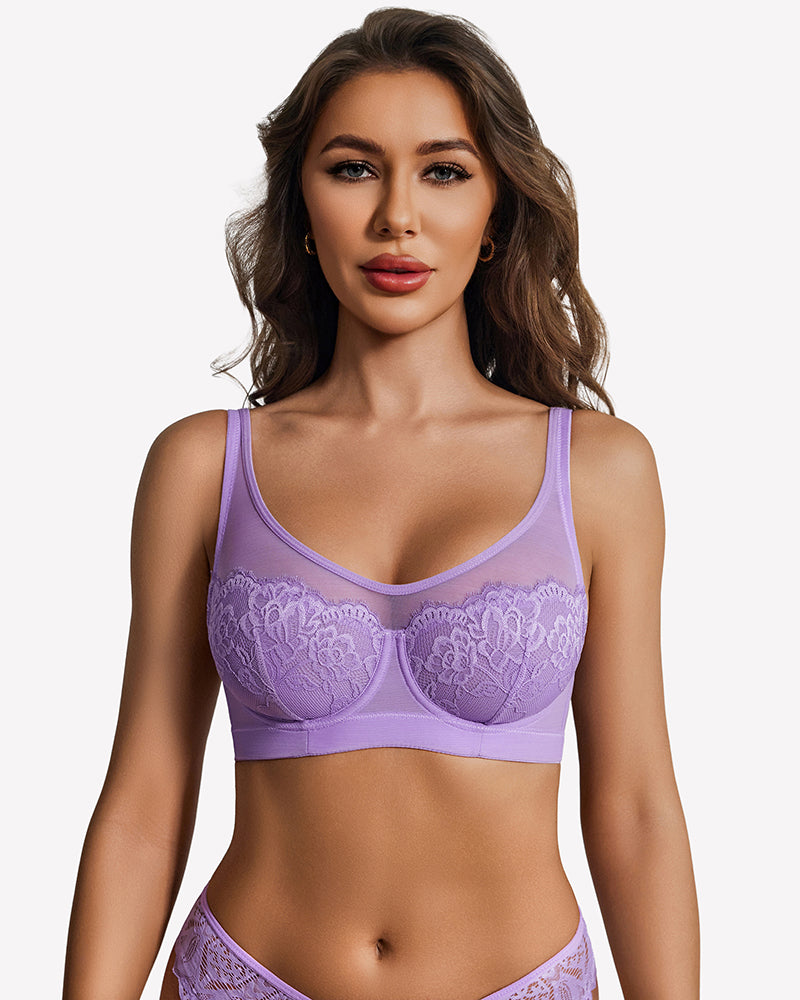 Lilac sheer lace underwire bra with full-coverage cups and smooth unlined band