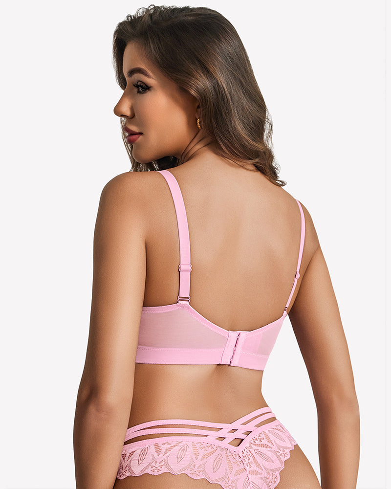 Light pink sheer mesh lace underwire bra, adjustable straps, back view