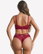 Wine red underwire lace bra with adjustable straps and back closure, sheer mesh design