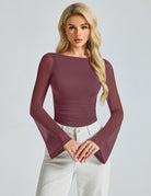 Plum mesh ruched bodysuit with boat neck, long sheer sleeves, backless
