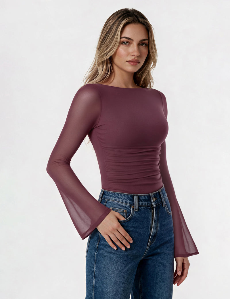 Plum backless mesh ruched bodysuit with boat neck and flared long sleeves