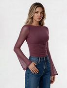 Plum backless mesh ruched bodysuit with boat neck and flared long sleeves