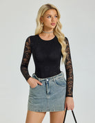Black floral lace long-sleeve crew-neck double-lined bodysuit, fitted