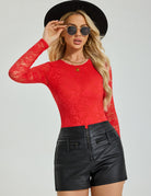 Red floral lace long-sleeve crew-neck double-lined bodysuit, fitted